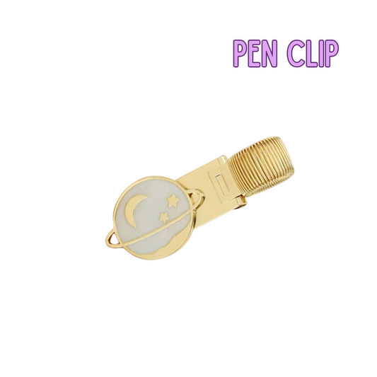 Gold pen clip with decorative design on a white background, labeled 'PEN CLIP'.