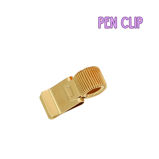 Gold pen clip on a white background with 'PEN CLIP' text in purple.