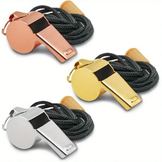 Three whistles in rose gold, silver, and gold with black lanyards on a white background.