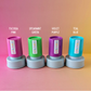 Four colorful stampers with labels on a gradient background