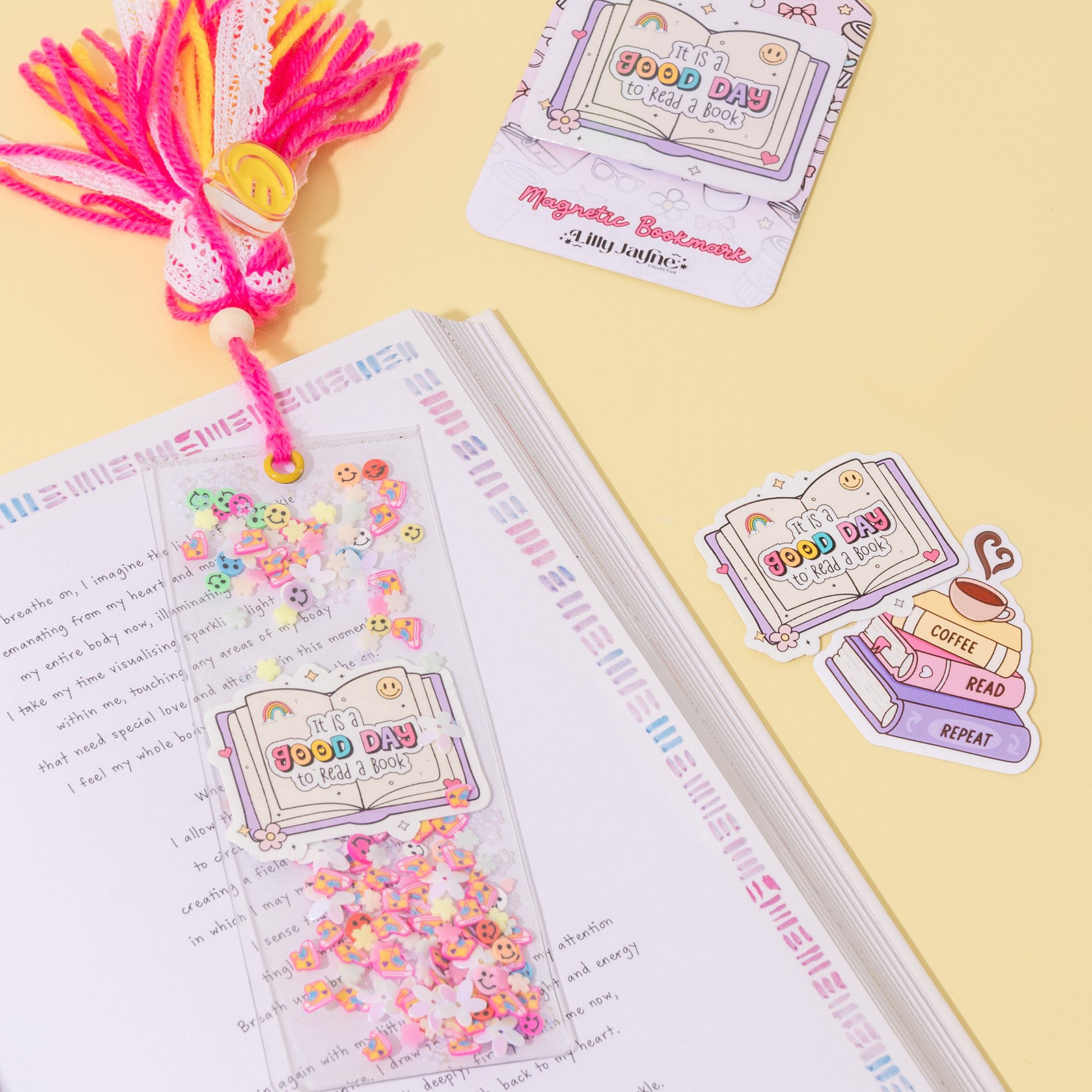 Decorative bookmarks with tassels and colorful designs on a yellow background