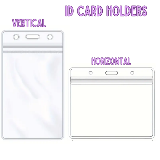 Two ID card holders, one vertical and one horizontal, on a white background with text labels.