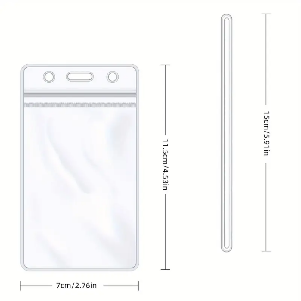 Clear plastic card holder with dimensions labeled on a white background