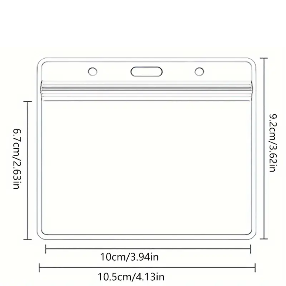 Measurement chart of a clear plastic pouch with dimensions labeled.