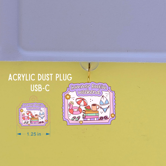Acrylic dust plug with 'Summer Bookish Weekend' design on a yellow background