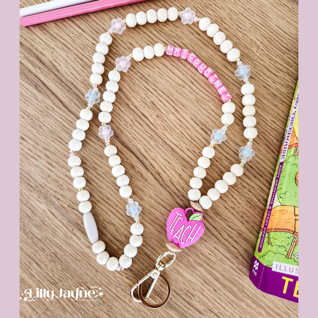 Wooden Bead Personalised Lanyard - Pink Apple Teach