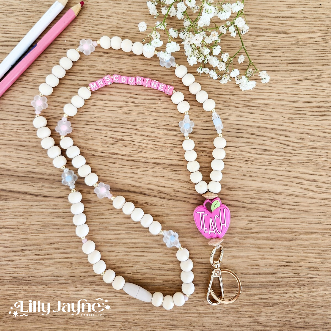 Wooden Bead Personalised Lanyard - Pink Apple Teach