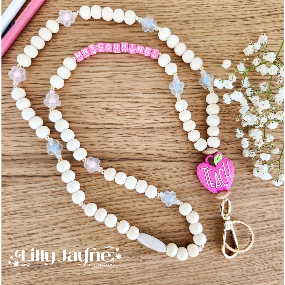 Wooden Bead Personalised Lanyard - Pink Apple Teach