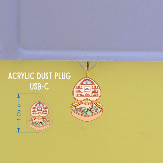 Acrylic dust plug with USB-C connector on a green background