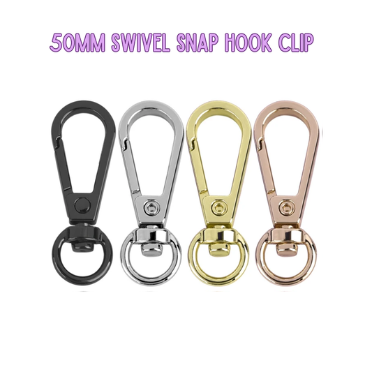 Four 50mm swivel snap hook clips in black, silver, gold, and rose gold on a white background.