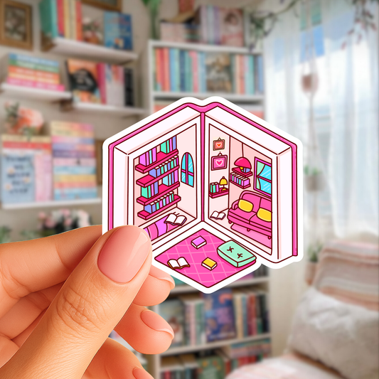 Hexagonal sticker of a colorful room design held by a hand in front of a bookshelf.