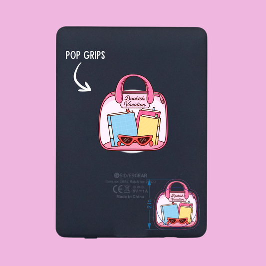 Black product with pink bag illustration and 'Pop Grips' feature on a pink background