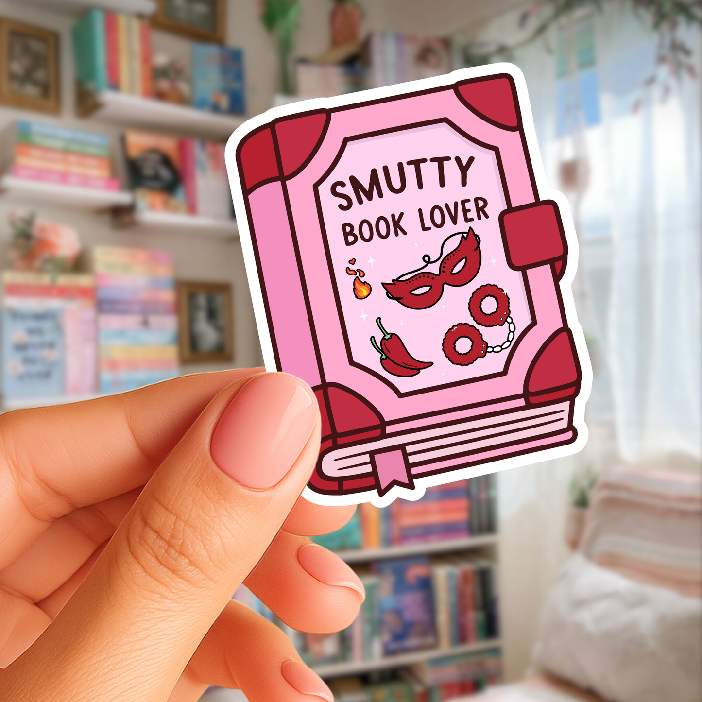 Sticker of a pink book titled 'Smutty Book Lover' held by a hand with a blurred bookshelf background.