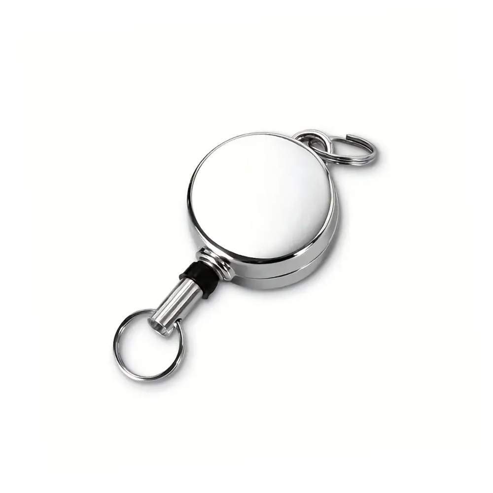 Metallic retractable badge holder on a white background