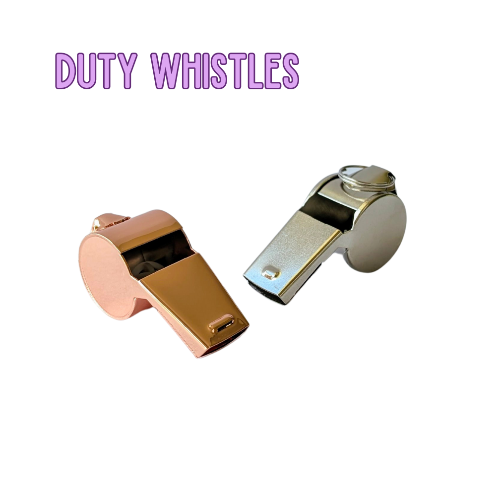 Two duty whistles, one rose gold and one silver, on a white background with 'DUTY WHISTLES' text above.