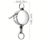 Measurement chart of a metal retractable badge holder with dimensions labeled.