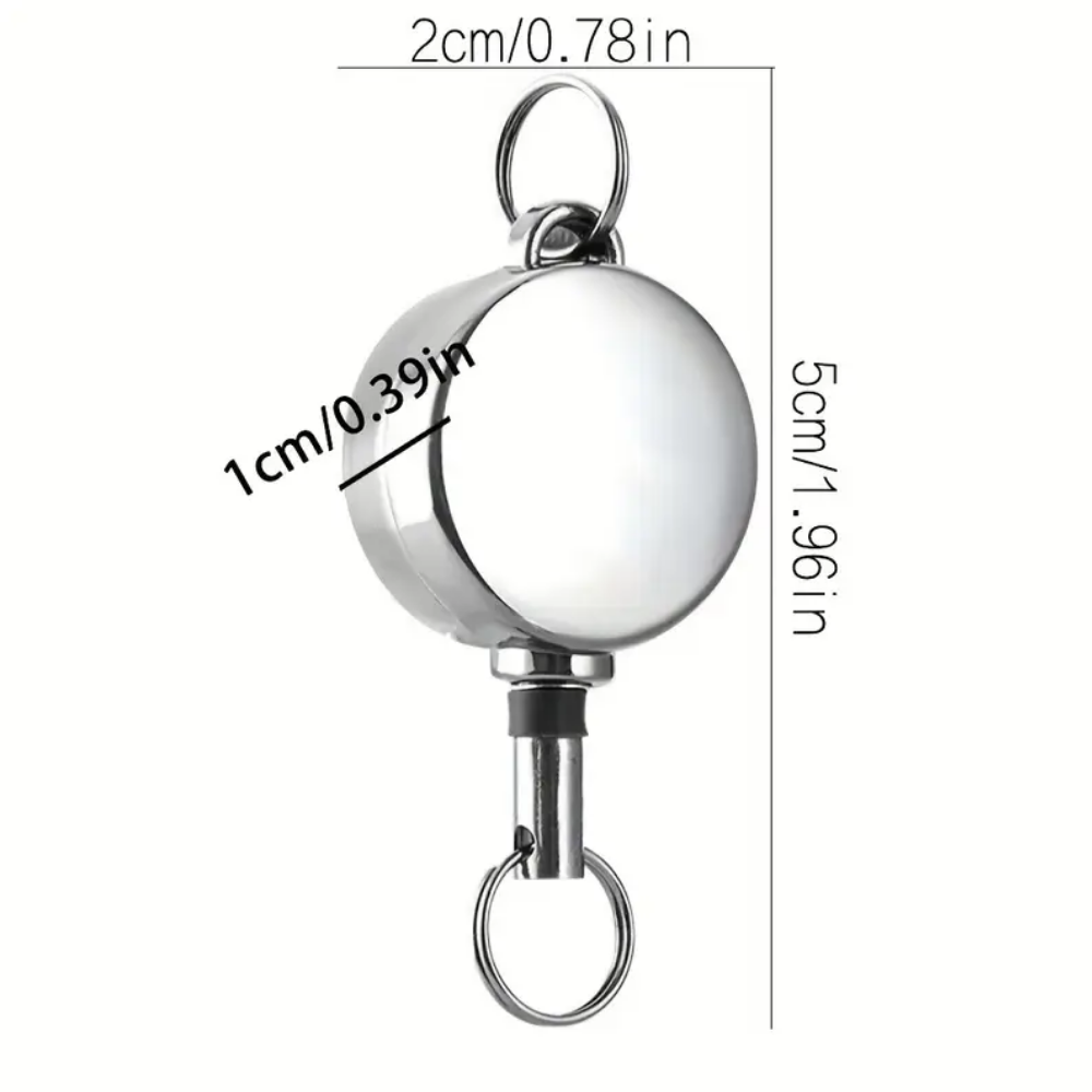 Measurement chart of a metal retractable badge holder with dimensions labeled.