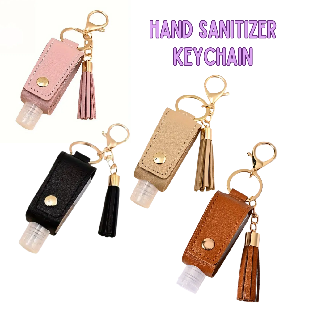 Hand sanitizer keychains with tassels in pink, beige, black, and brown on a white background.