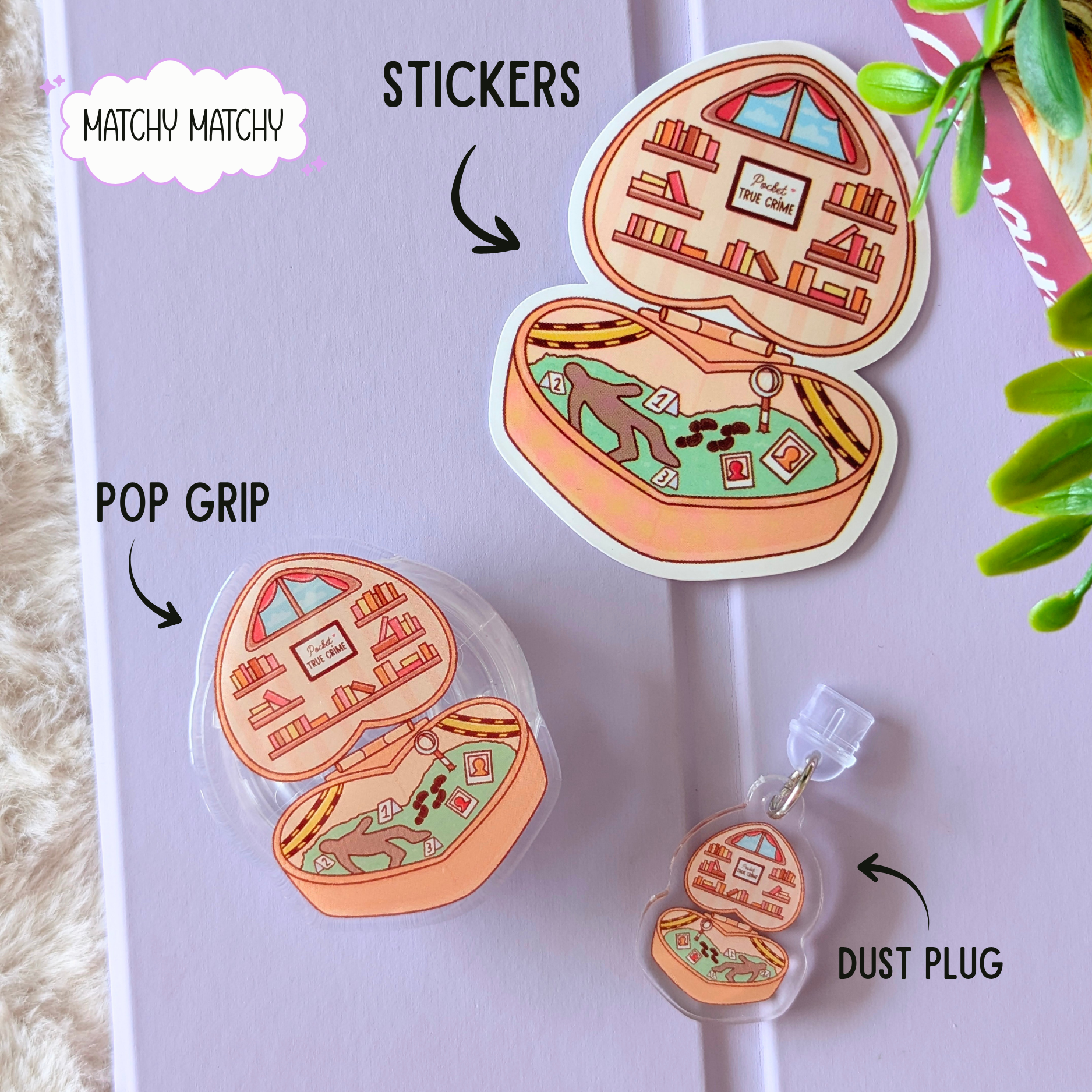 Phone case with stickers, pop grip, and dust plug on a light purple background