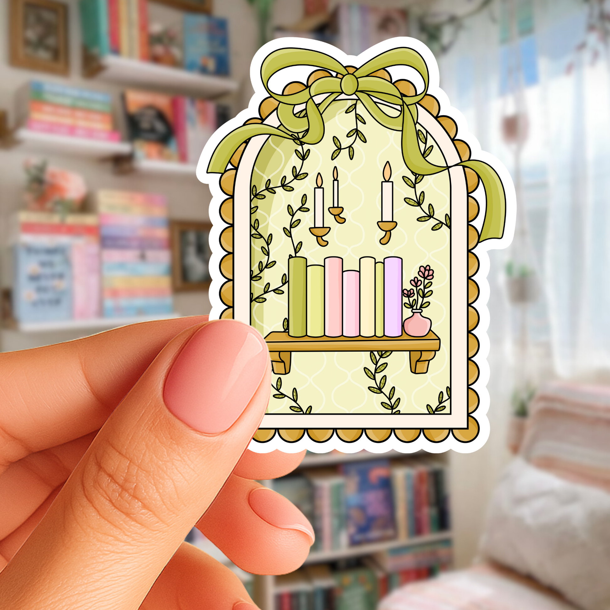 Hand holding a decorative sticker with candles and plants against a blurred bookshelf background
