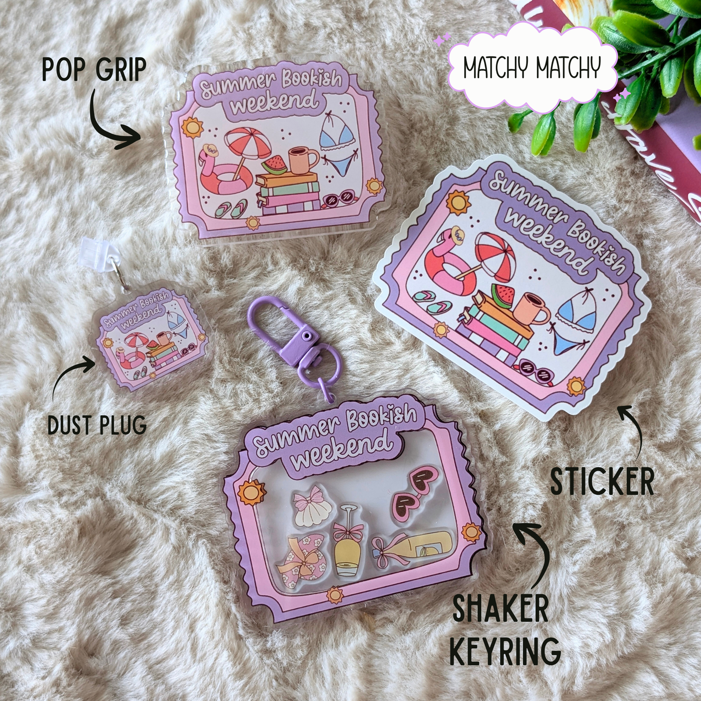 Set of 'Summer Bookish Weekend' themed keychain and stickers on a fluffy white surface.