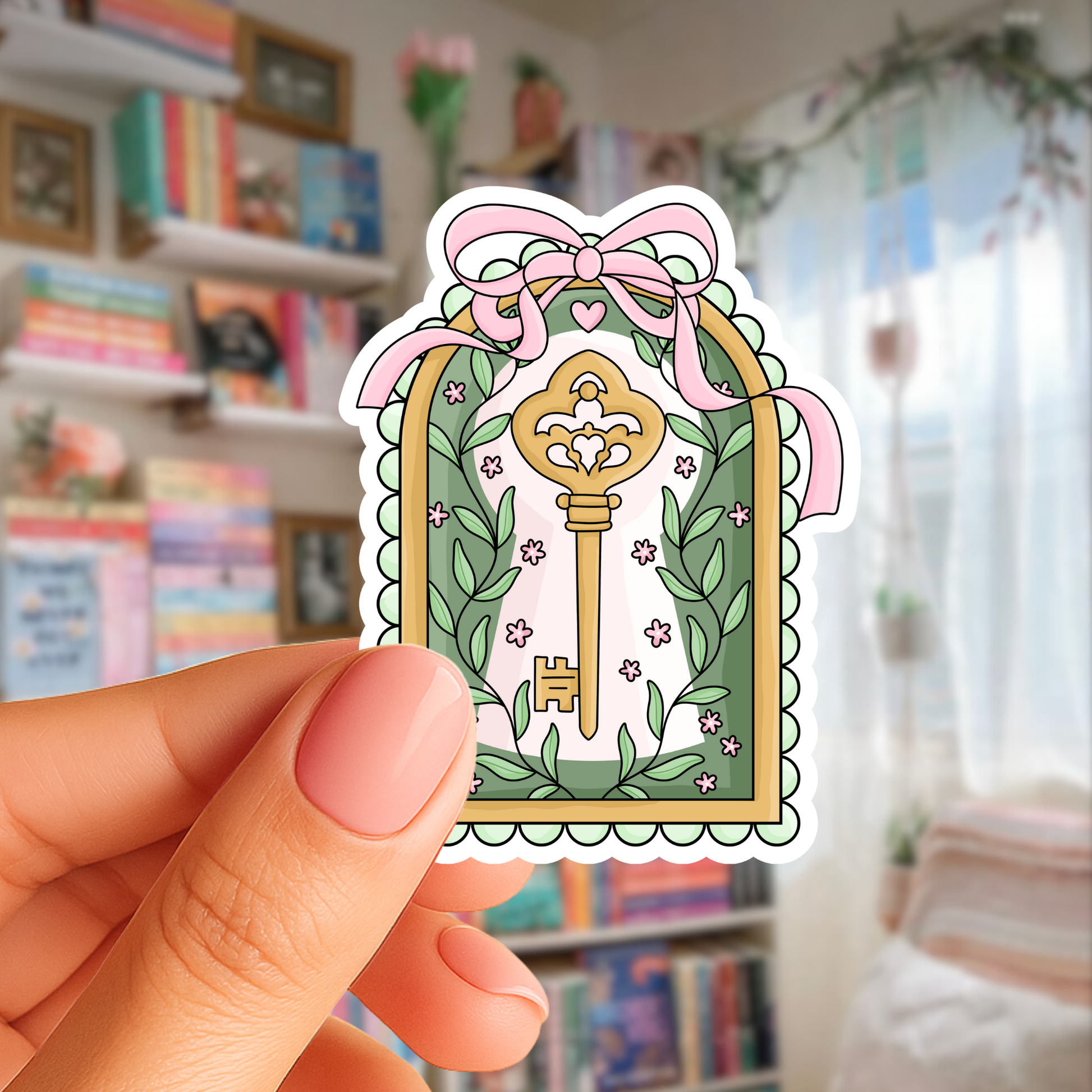 Decorative key and bow sticker held by a hand with a blurred bookshelf background