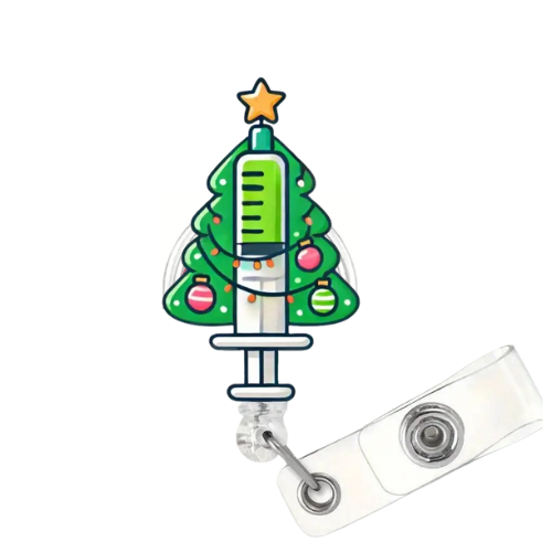 Christmas tree-themed syringe badge holder on a white background