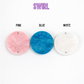 Three circular pendants in pink, blue, and white with 'Swirl' branding above them on a white background.