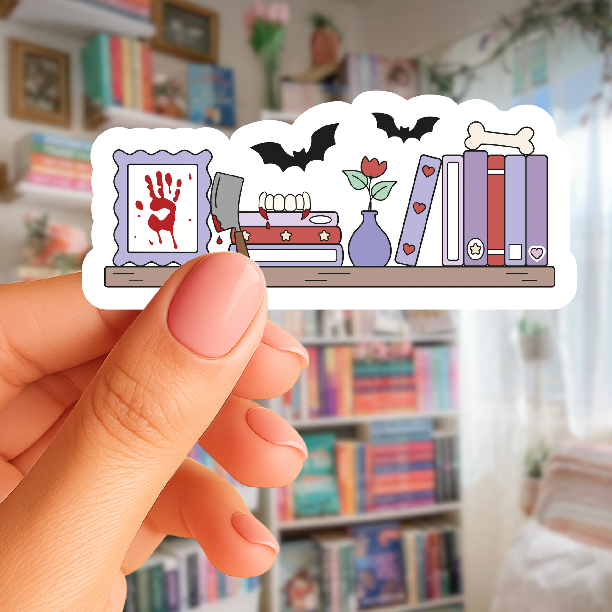Hand holding a sticker with a shelf design featuring books, a handprint, and other elements against a blurred bookshelf background.