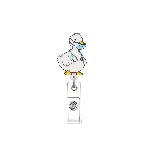 Retractable badge holder with a cartoon duck design on a white background
