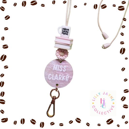 Pink Coffee Teach Repeat Personalised Lanyard