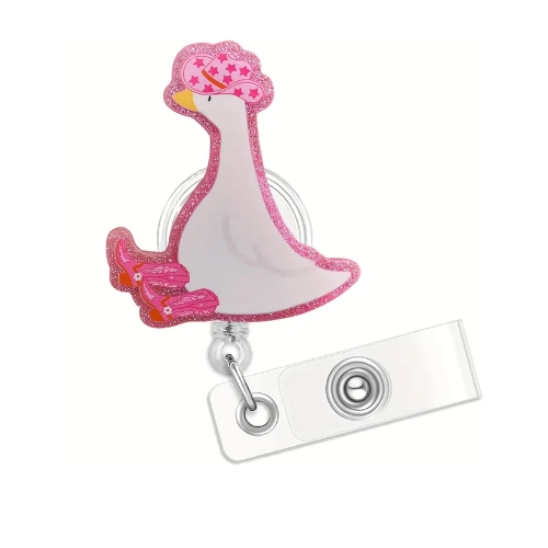 Pink flamingo-shaped badge holder on a white background