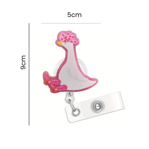 Pink Goose-shaped badge holder with measurements on a white background