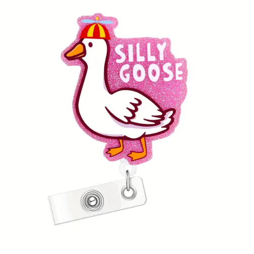 Glittery pink badge holder with a goose design and 'Silly Goose' text on a white background