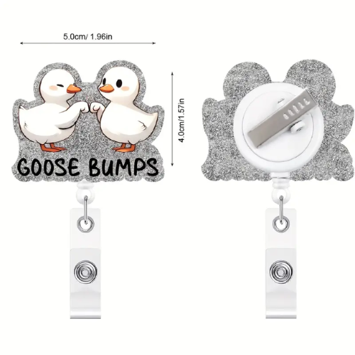Retractable badge holder with cartoon ducks and 'GOOSE BUMPS' text, dimensions displayed.