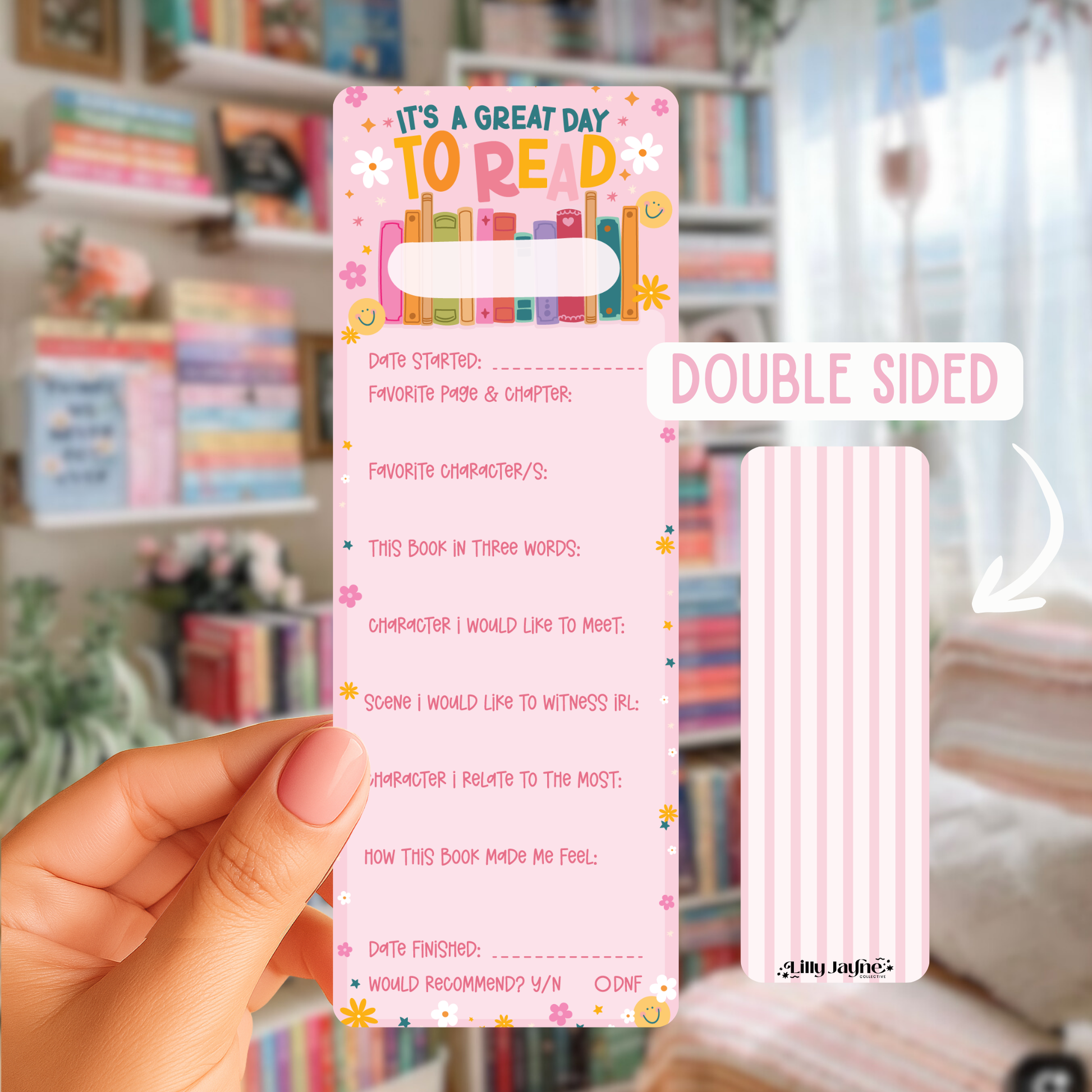 Bookmarks with a reading log on a blurred bookshelf background