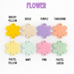 Color swatches of flower-shaped tags in various colors with labels.