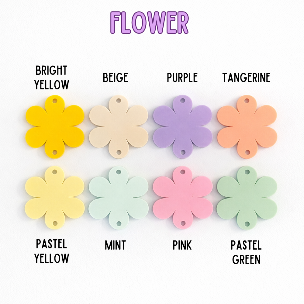 Color swatches of flower-shaped tags in various colors with labels.