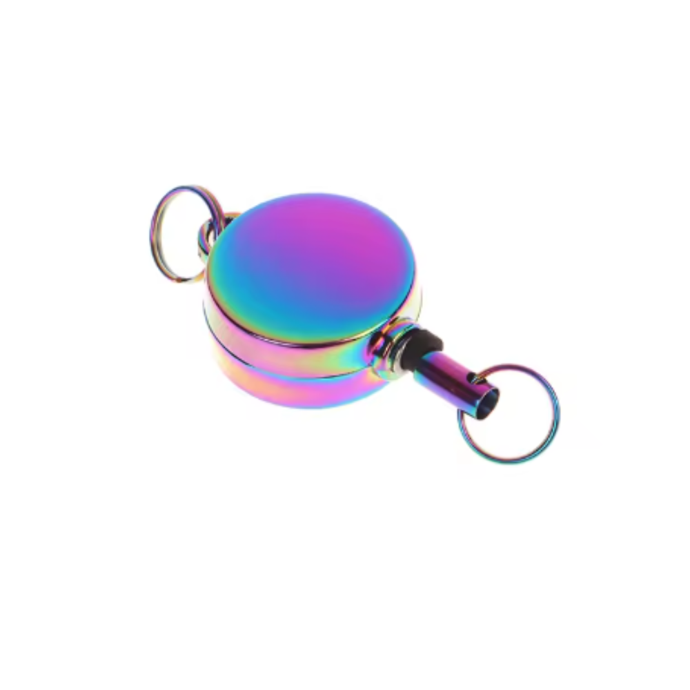 Multicolored retractable keychain on a white background