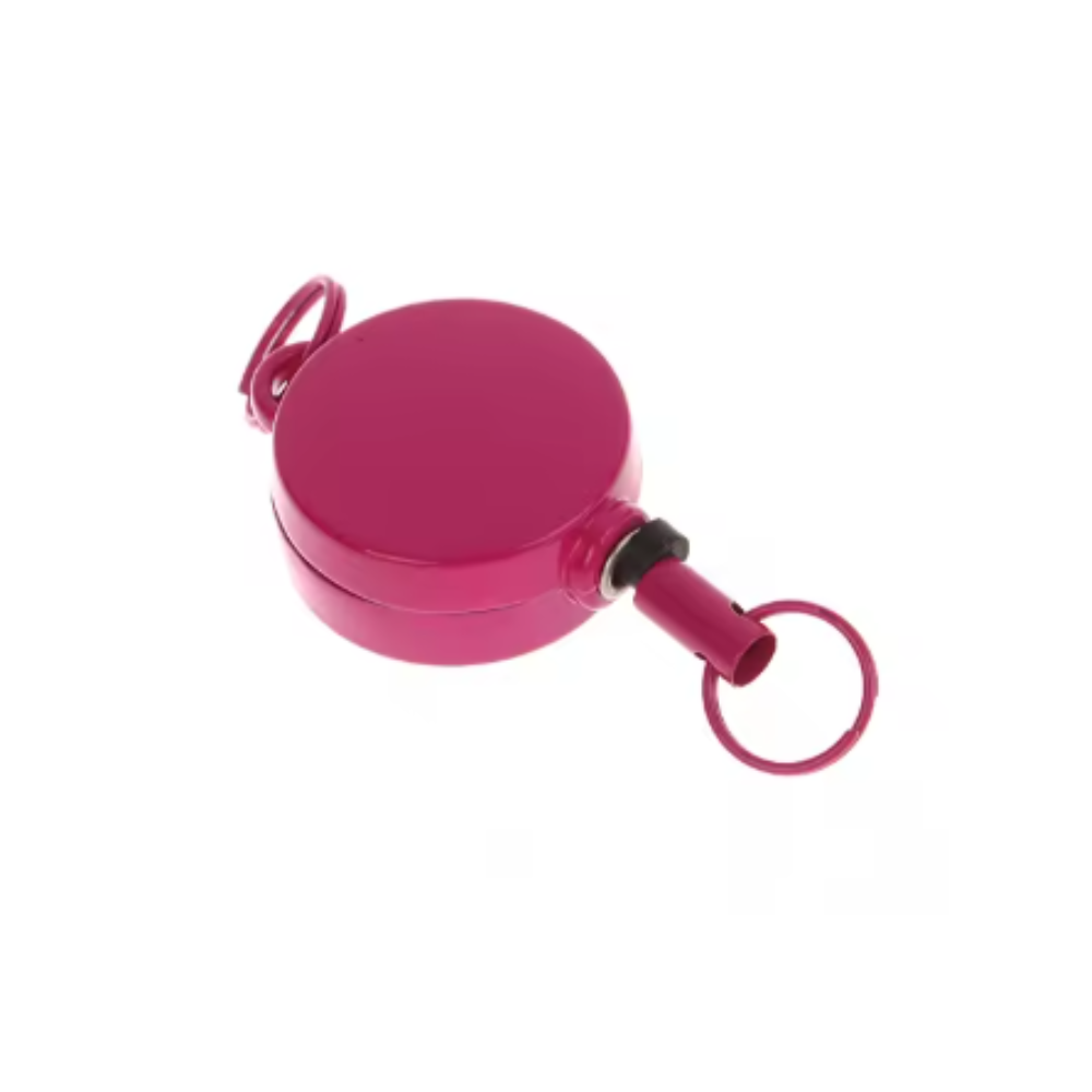 Pink retractable badge holder on a white background