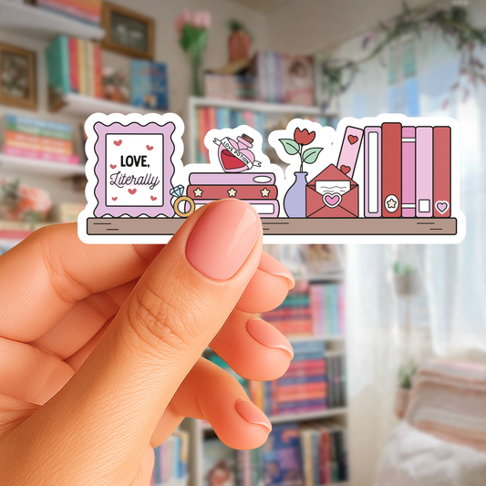 Hand holding a sticker with illustrations and text in a room with bookshelves.