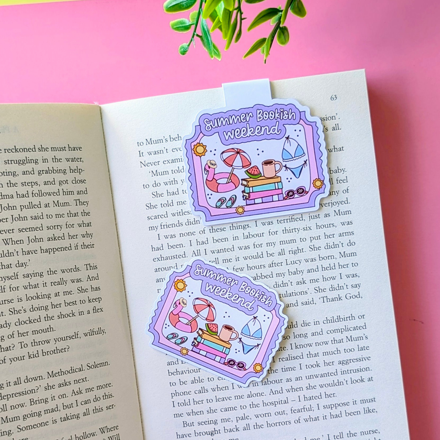 Colorful 'Summer Bookish Weekend' bookmarks on an open book with a pink background