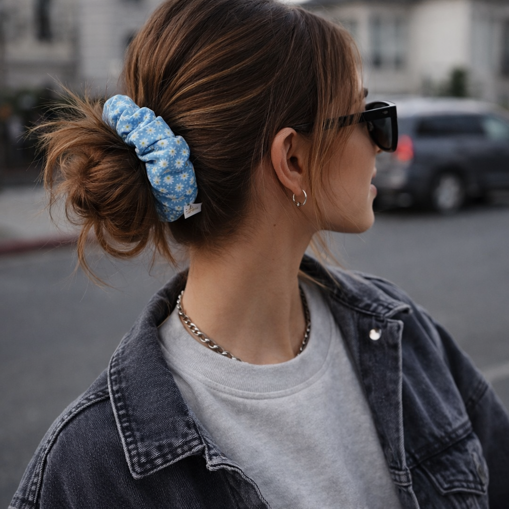 Person with a blue scrunchie in their hair, wearing sunglasses and a denim jacket.