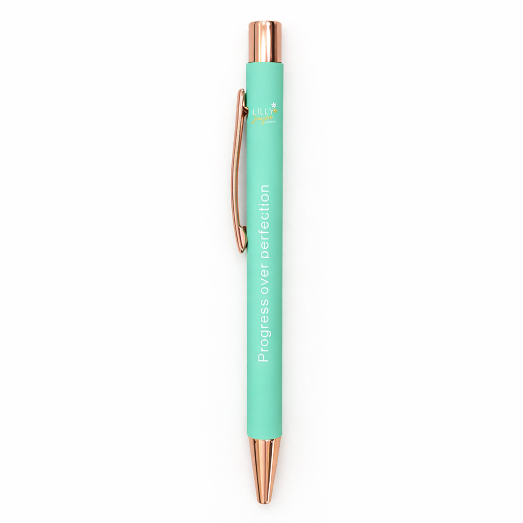 Mint green pen with rose gold accents on a white background