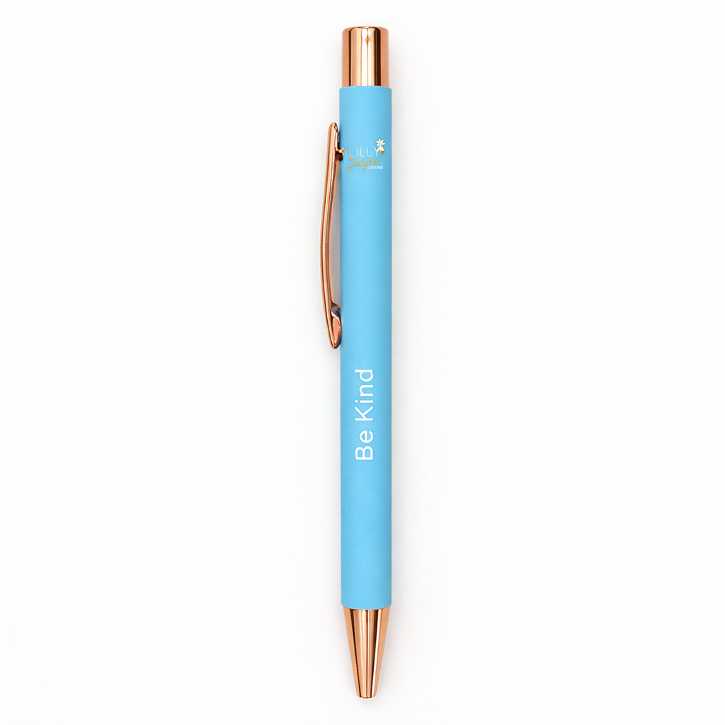 Light blue pen with rose gold accents and 'Be Kind' text on a white background