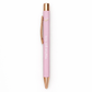 Pink pen with rose gold accents on a white background