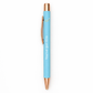 Light blue pen with rose gold accents on a white background