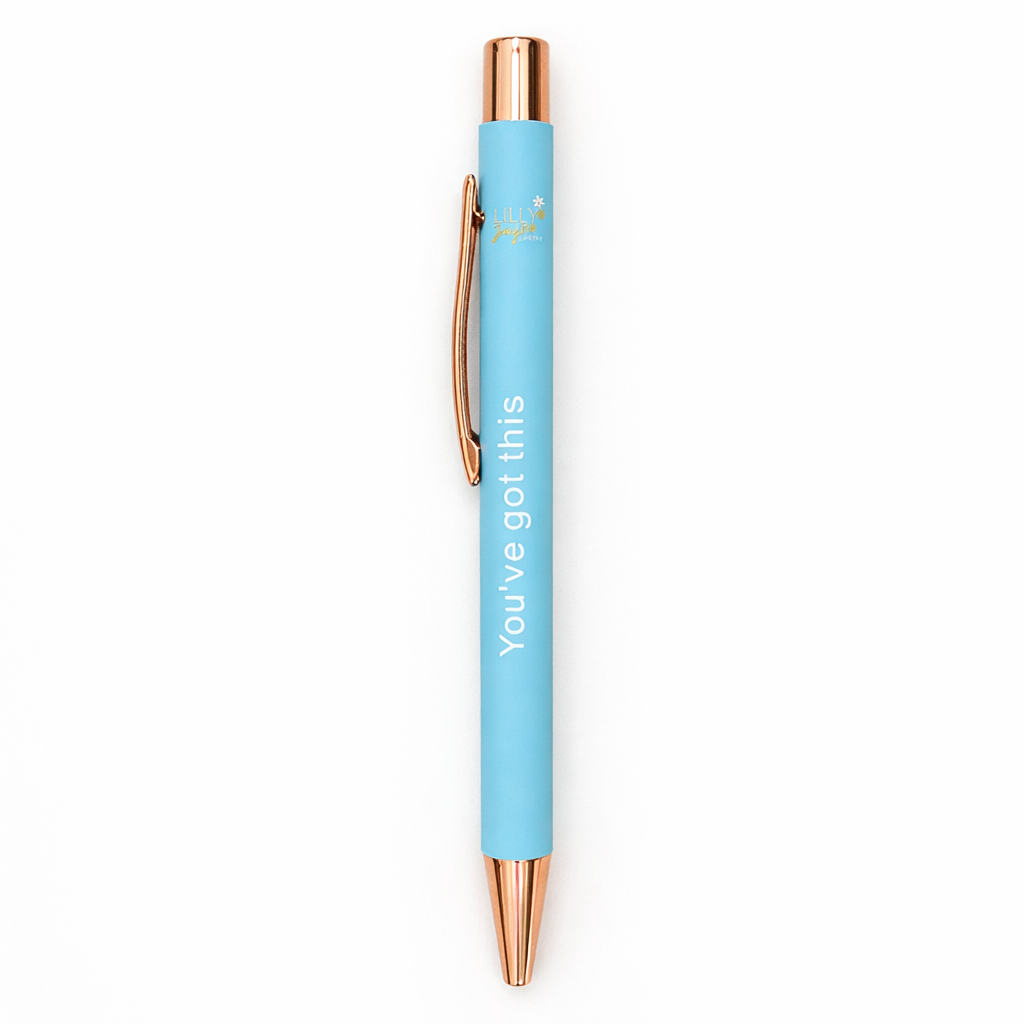 Light blue pen with rose gold accents on a white background