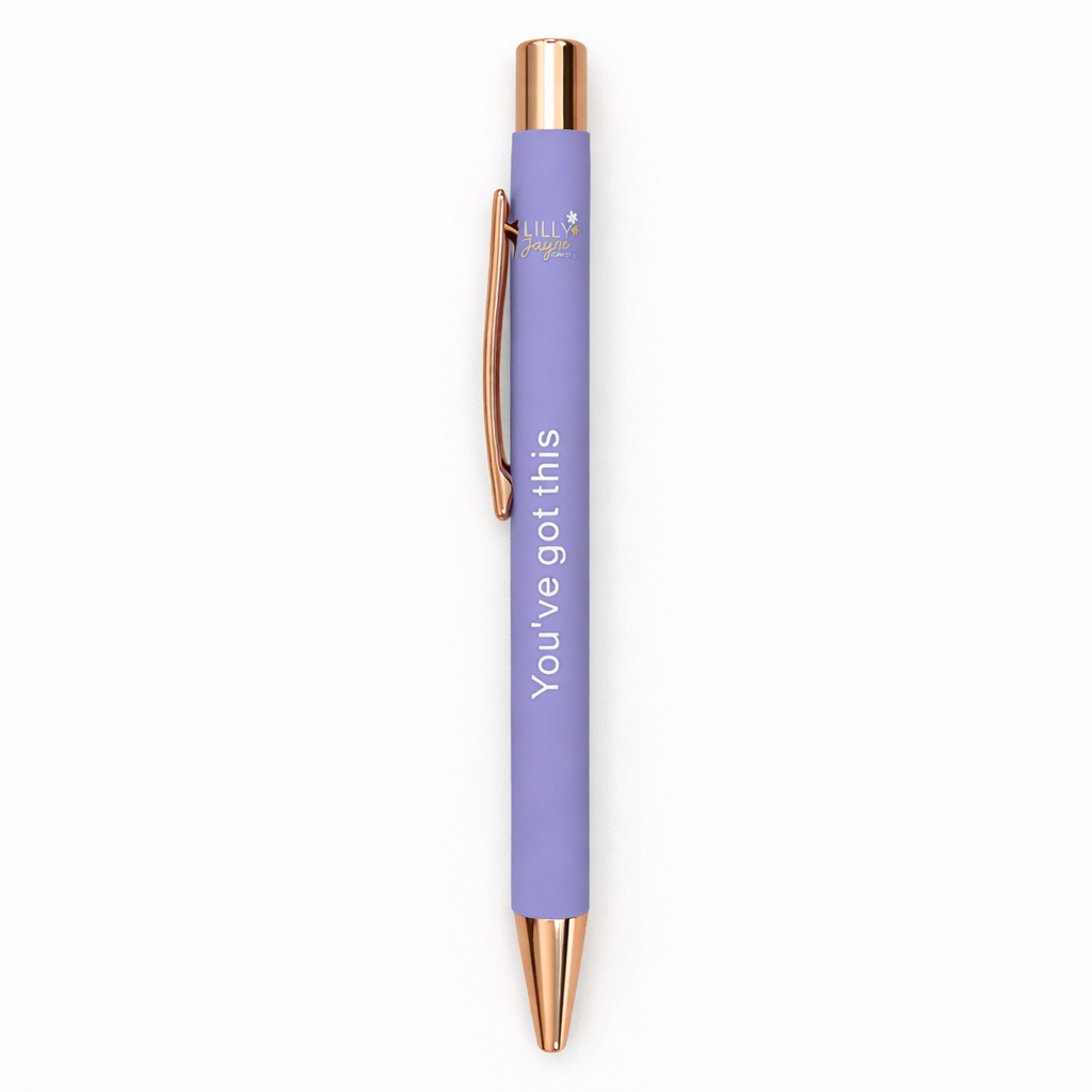 Purple pen with rose gold accents and 'You've got this' text on a white background