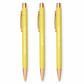 Three yellow pens with rose gold accents on a white background